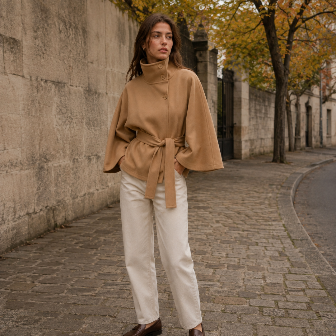 Cape femme kaki à col montant boutonné et ceinture nouée à la taille