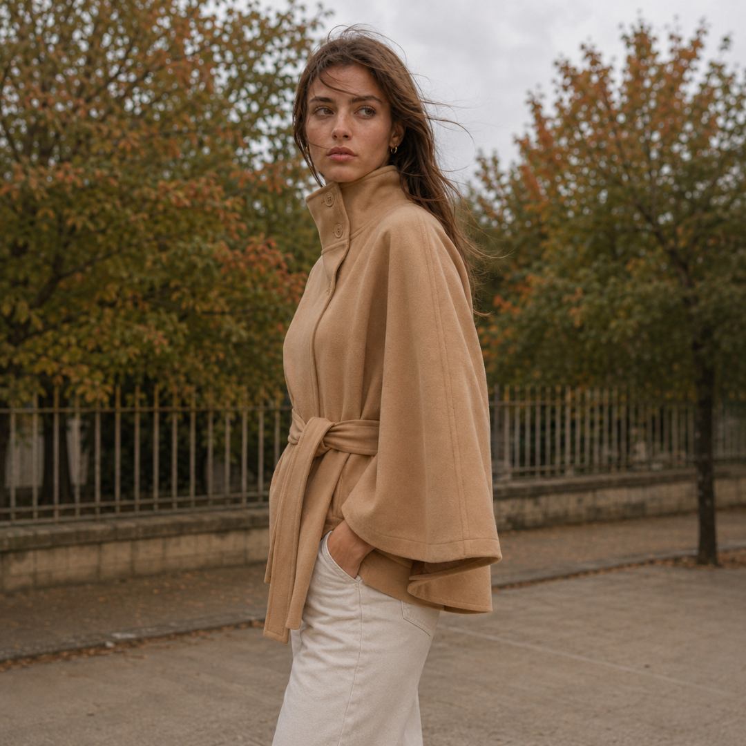 Cape femme kaki vue de profil avec manches larges tombant en cape
