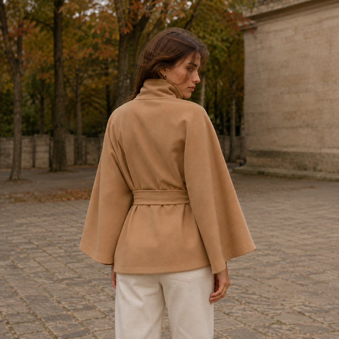 Dos de la cape femme kaki avec ceinture nouée et col montant