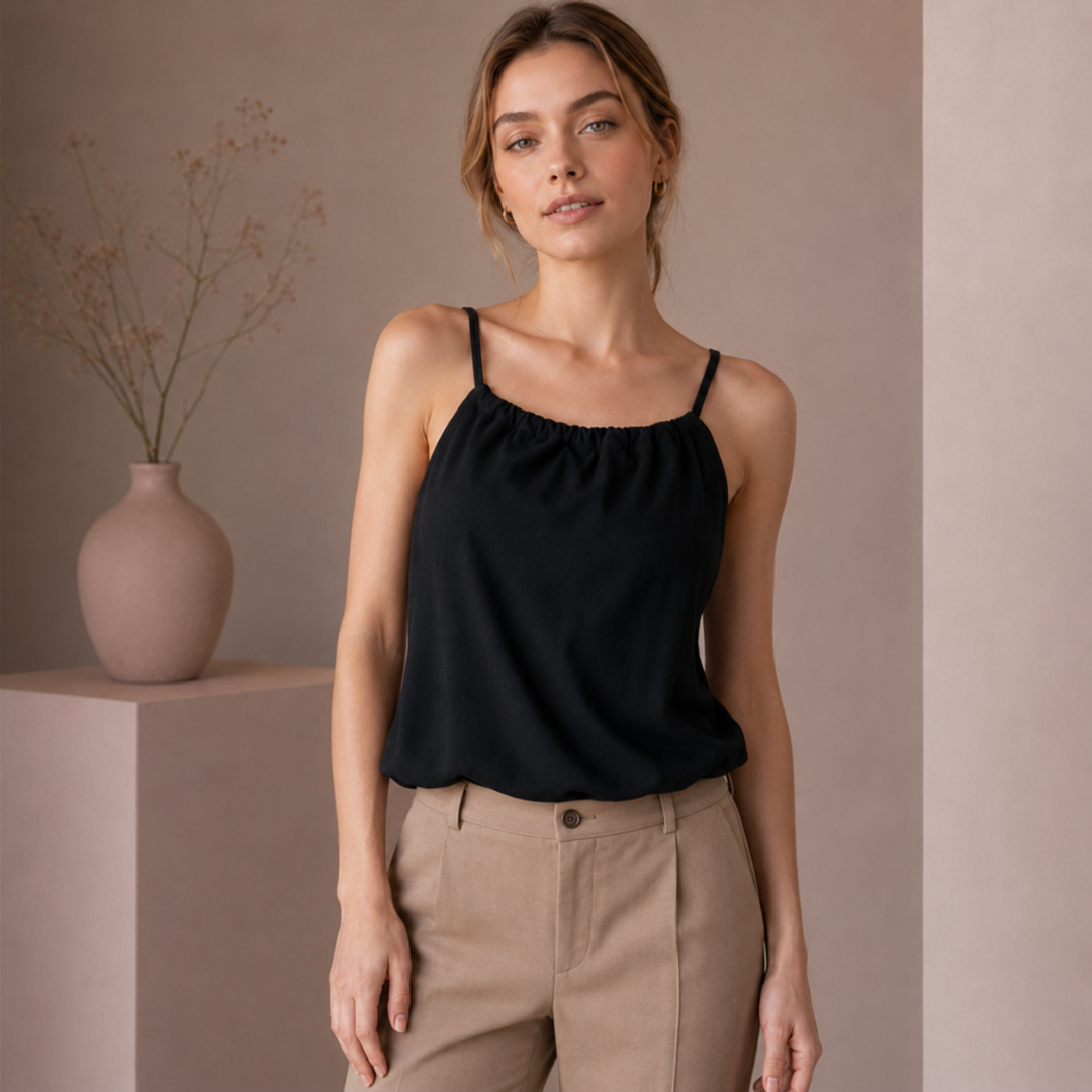Caraco femme noir à fines bretelles et encolure froncée, porté avec pantalon beige
