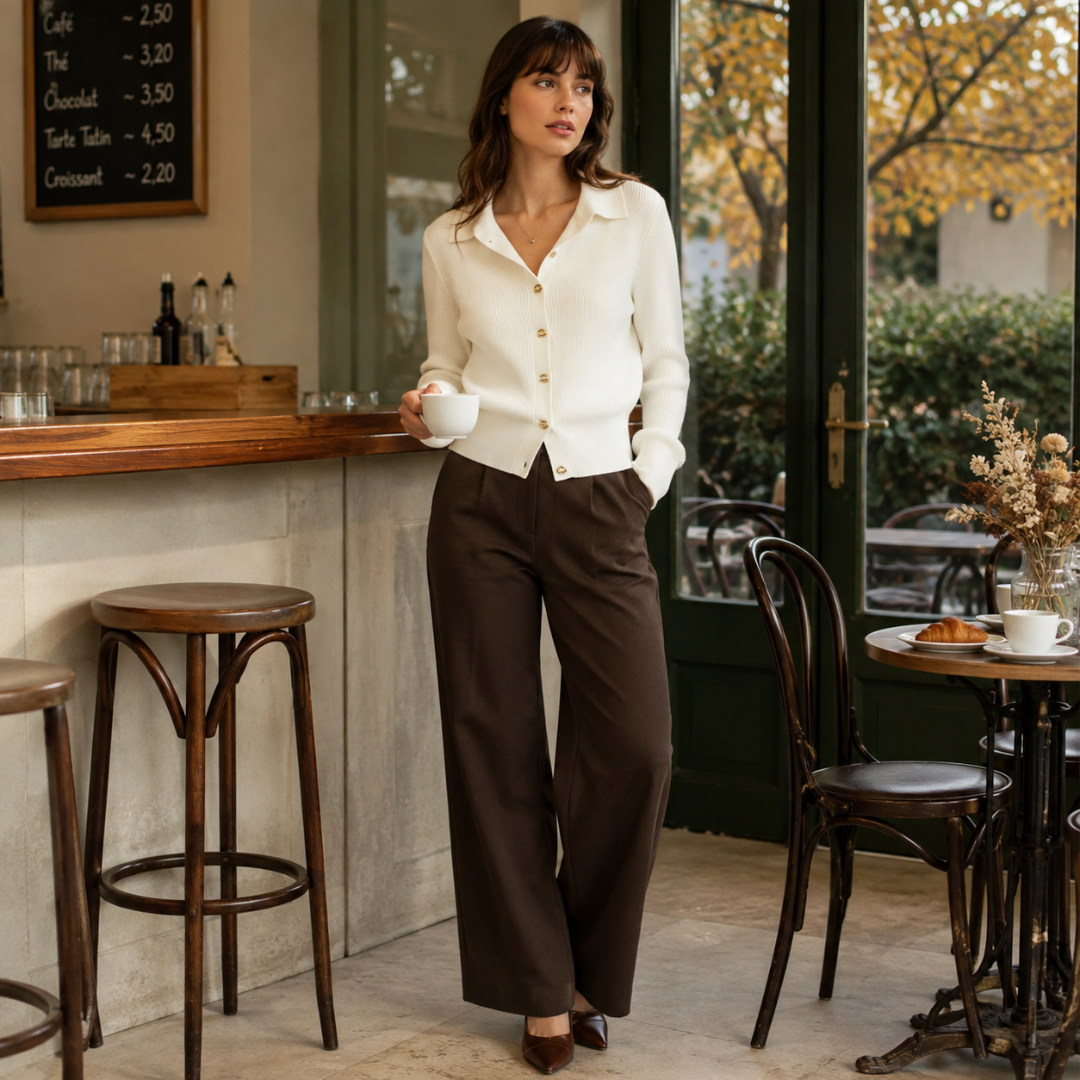 Cardigan blanc en maille côtelée à col polo, boutons dorés, porté dans un café