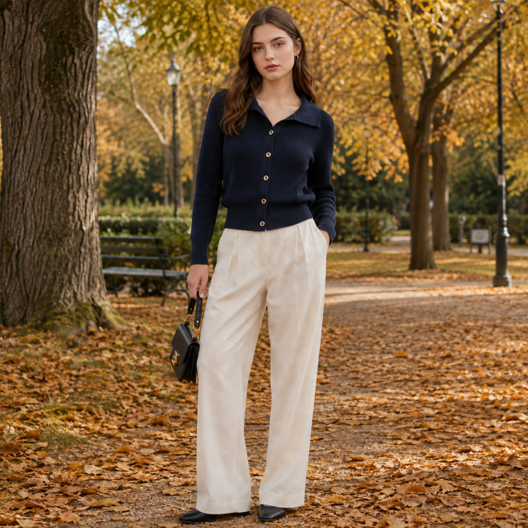 Cardigan bleu marine boutonné devant, col polo et boutons dorés, dans un parc doré