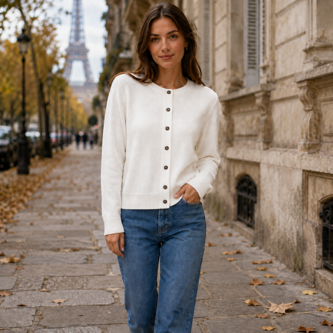 Cardigan femme blanc à col rond et boutons contrastés porté avec un pantalon droit bleu