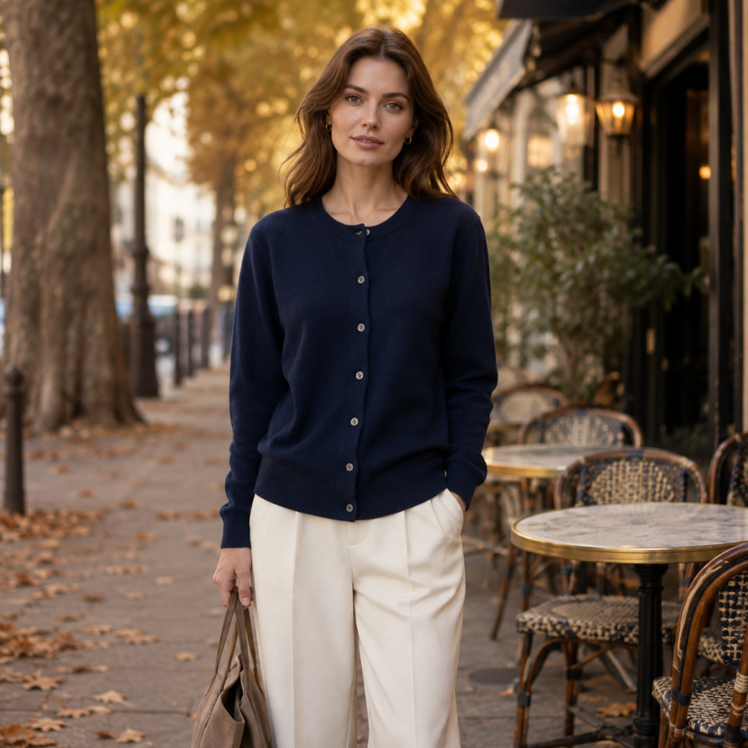Cardigan bleu marine boutonné, bords côtelés marqués, porté en terrasse parisienne