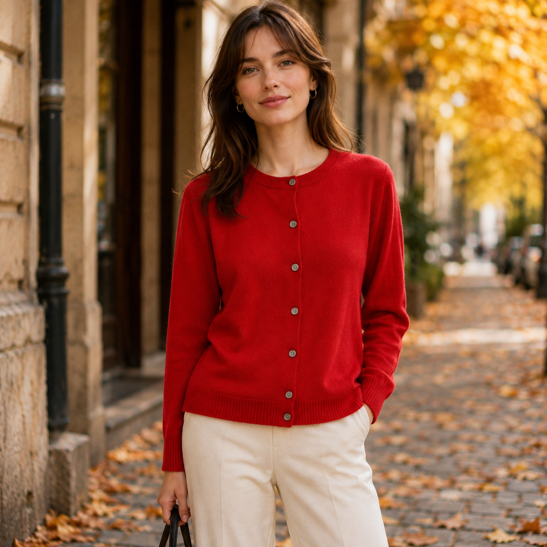 Cardigan femme rouge vif boutonné devant, col rond et poignets côtelés