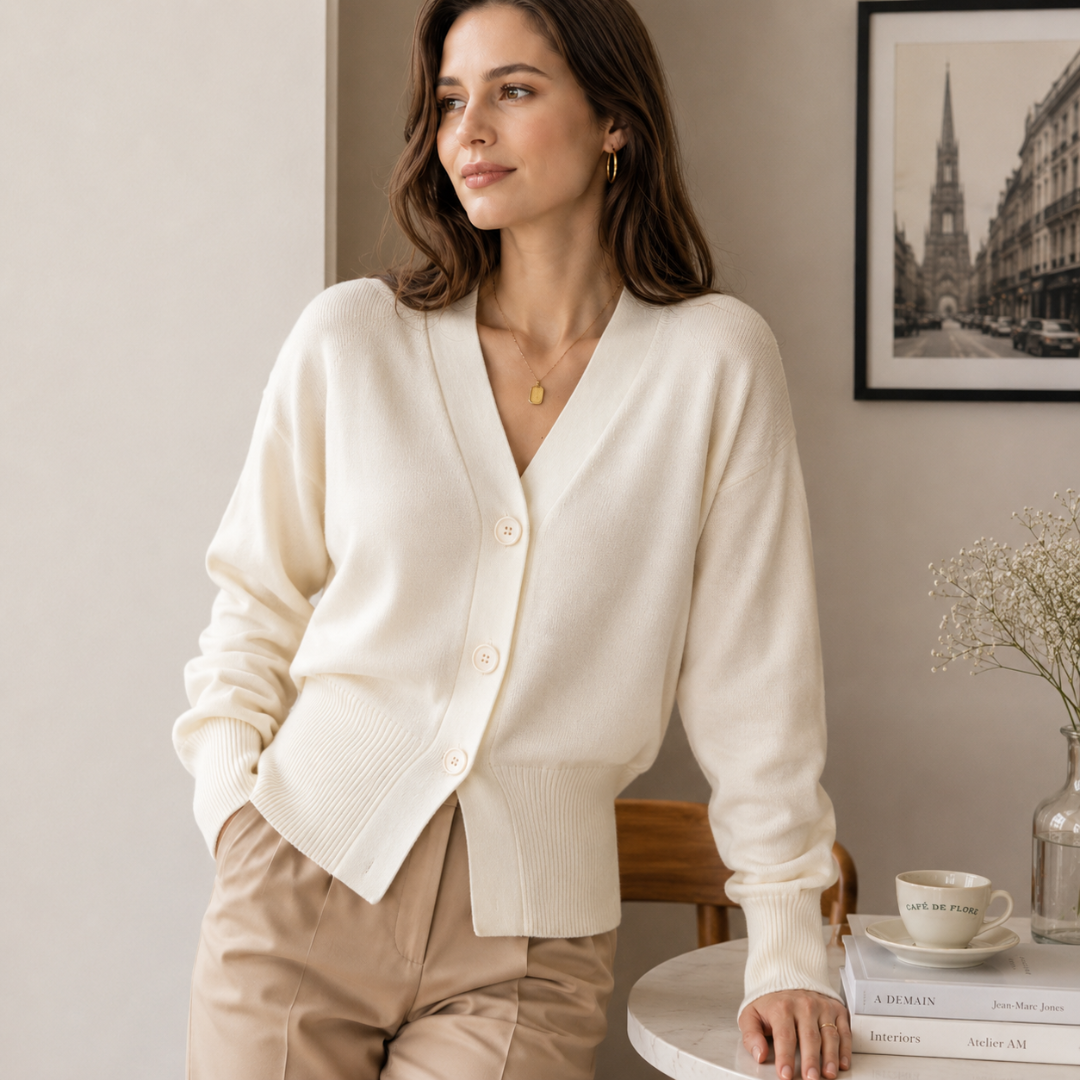 Cardigan femme blanc à col V boutonné, fente basse sur pantalon beige