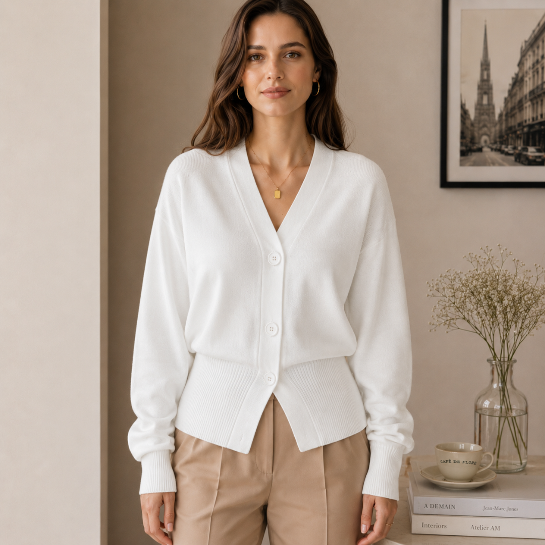 Cardigan femme blanc vu de face, trois boutons ton sur ton et col V profond