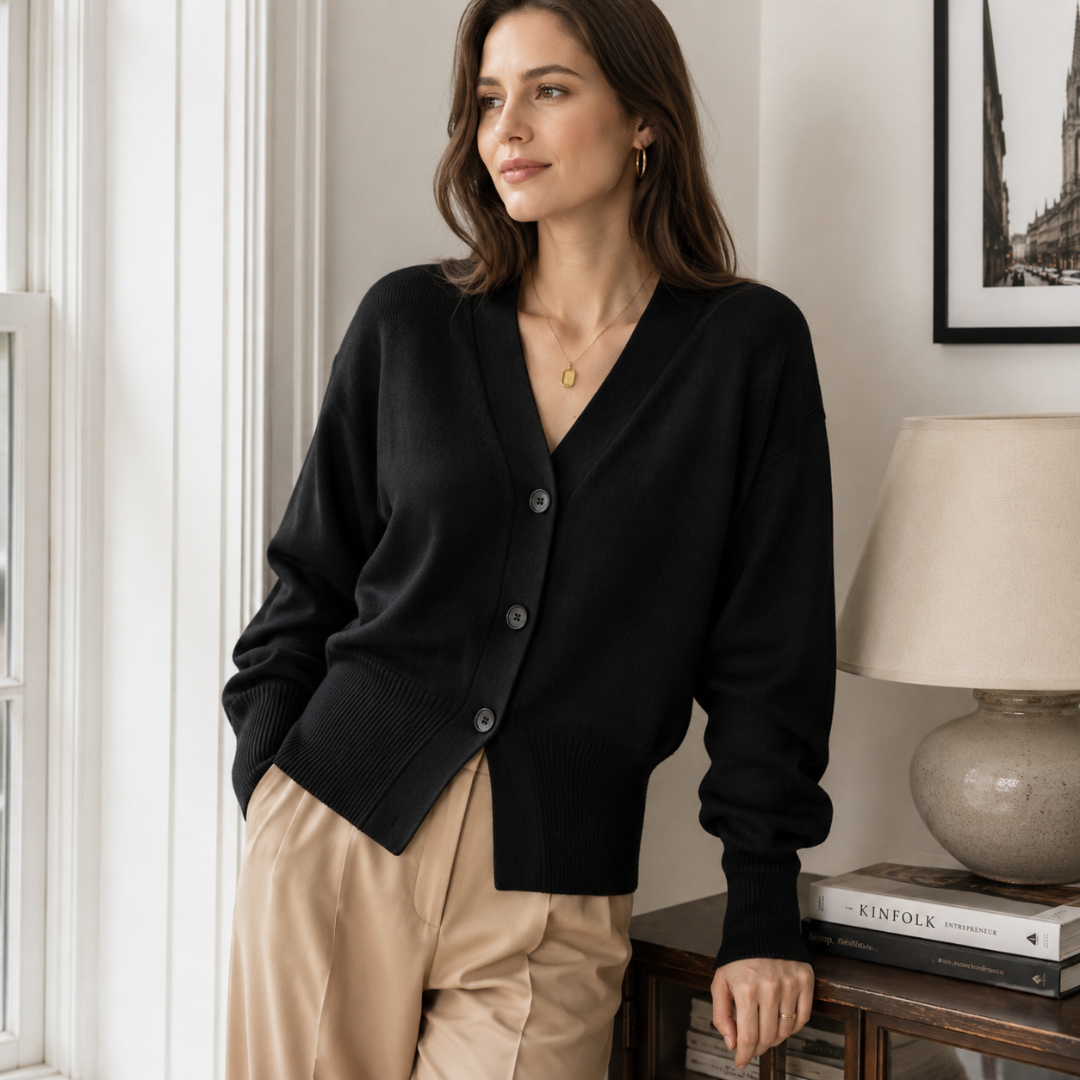 Cardigan femme noir à col V boutonné, poignets côtelés et coupe courte élégante