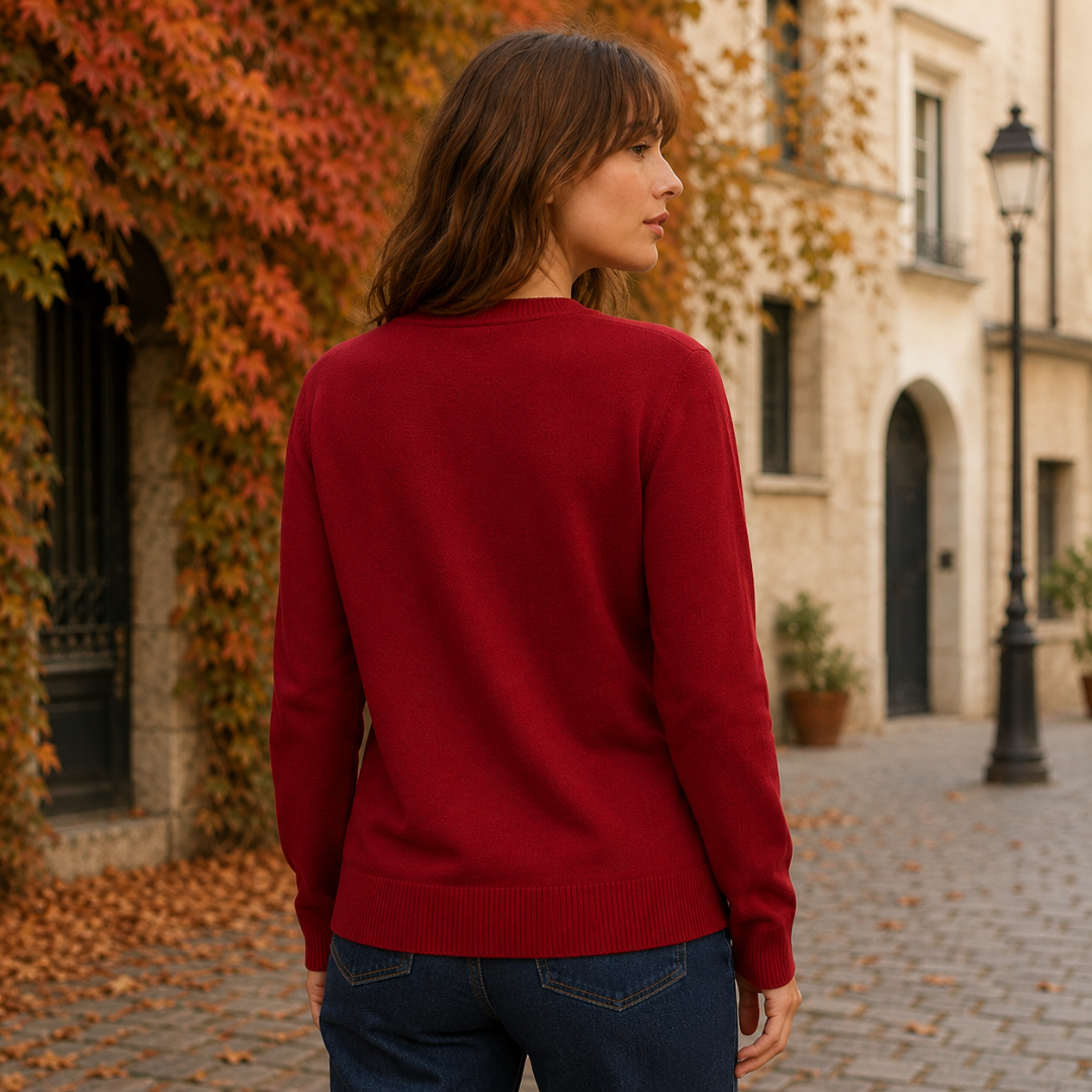 Dos uni du cardigan femme rouge avec bord inférieur en côtes
