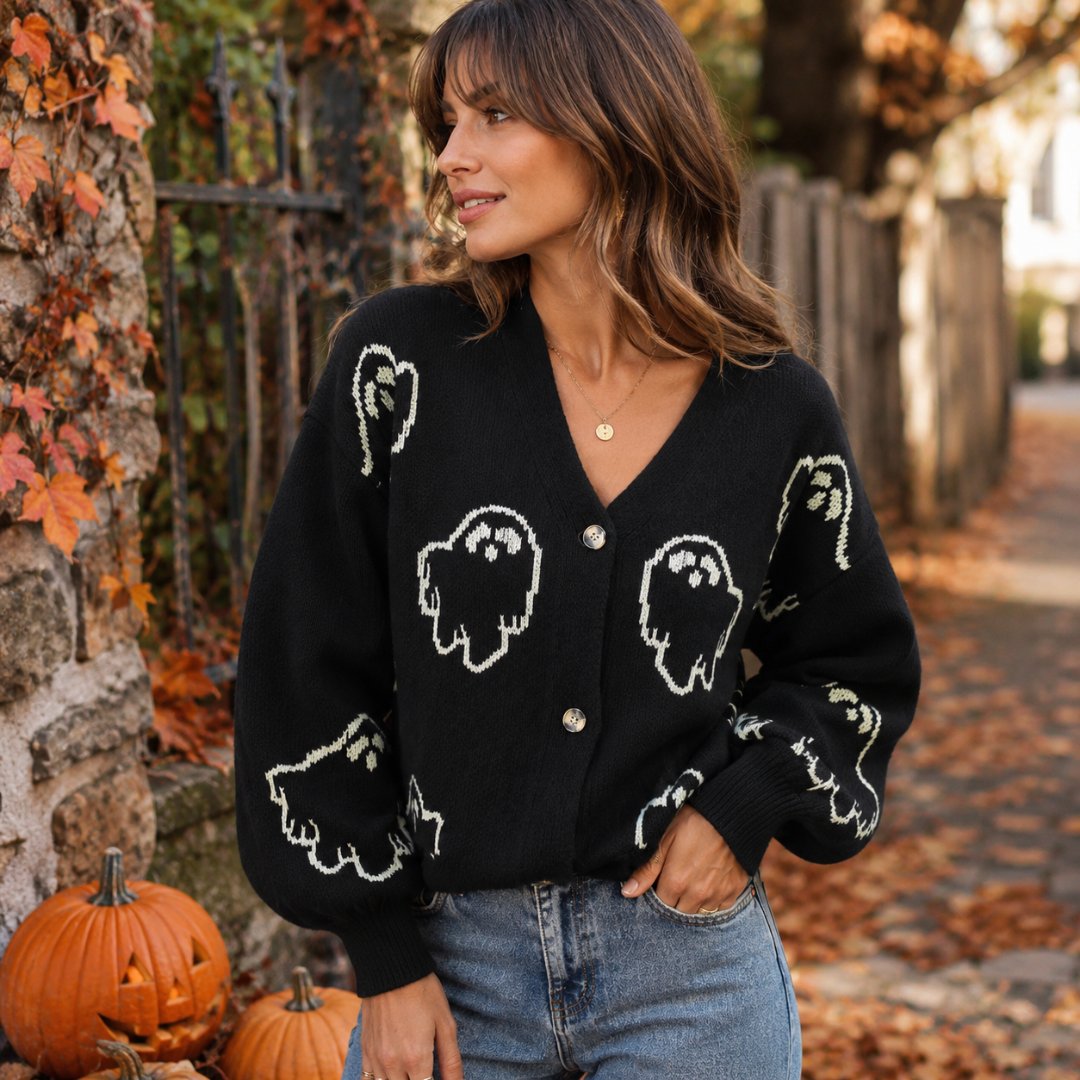 Cardigan noir à motifs fantômes crème, col V, boutons et manches bouffantes