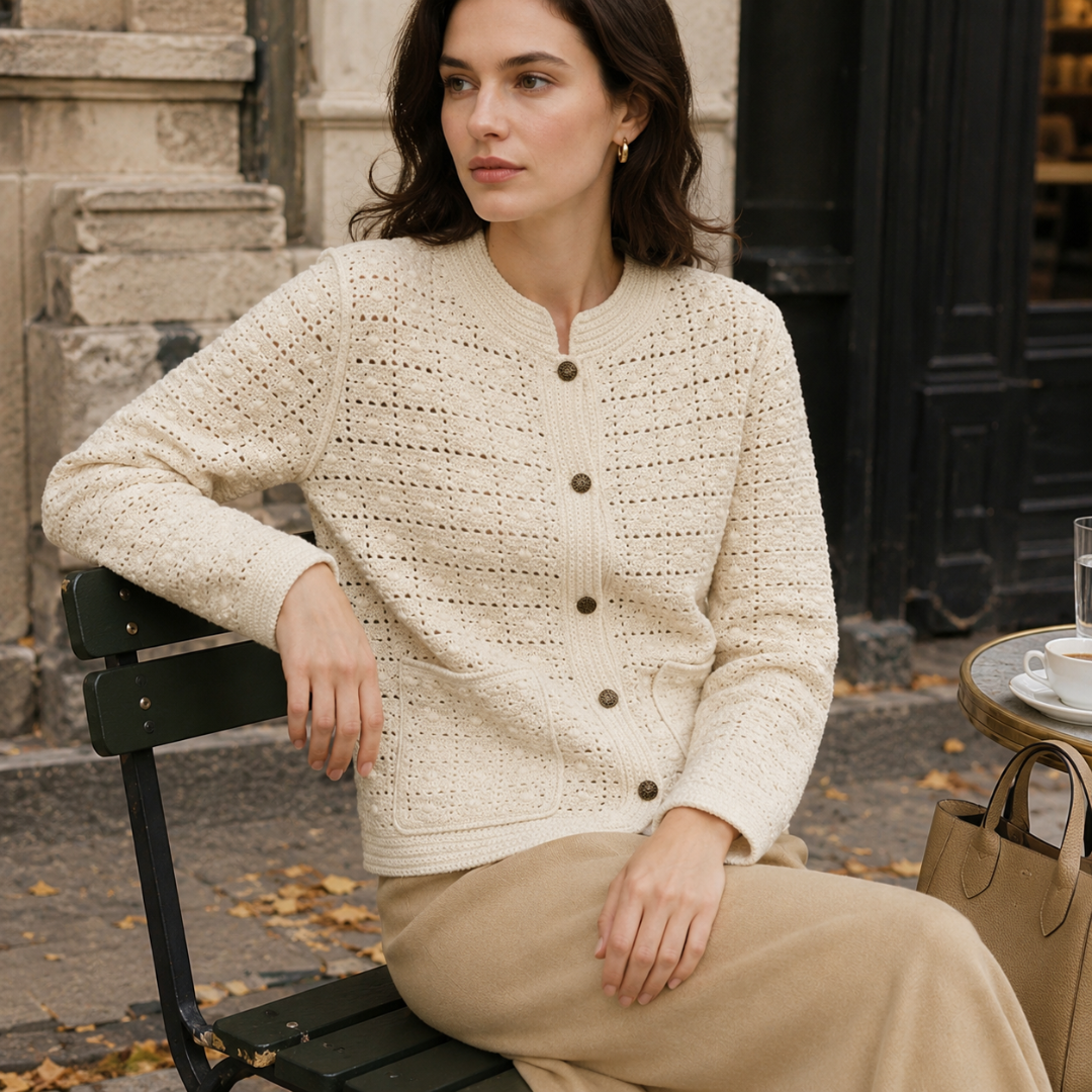Femme assise portant un cardigan beige à col rond et manches longues