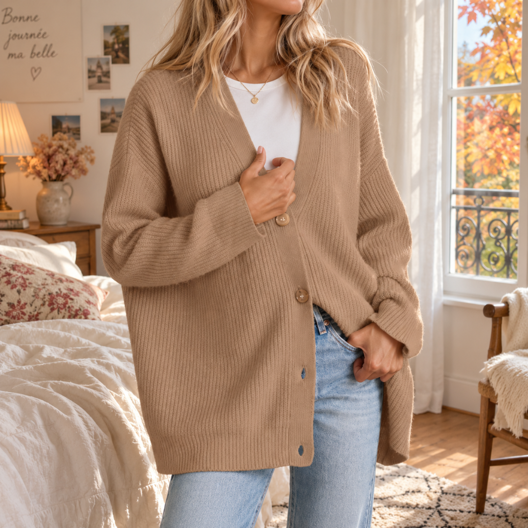 Cardigan femme kaki clair boutonné devant, manches longues et bas côtelé