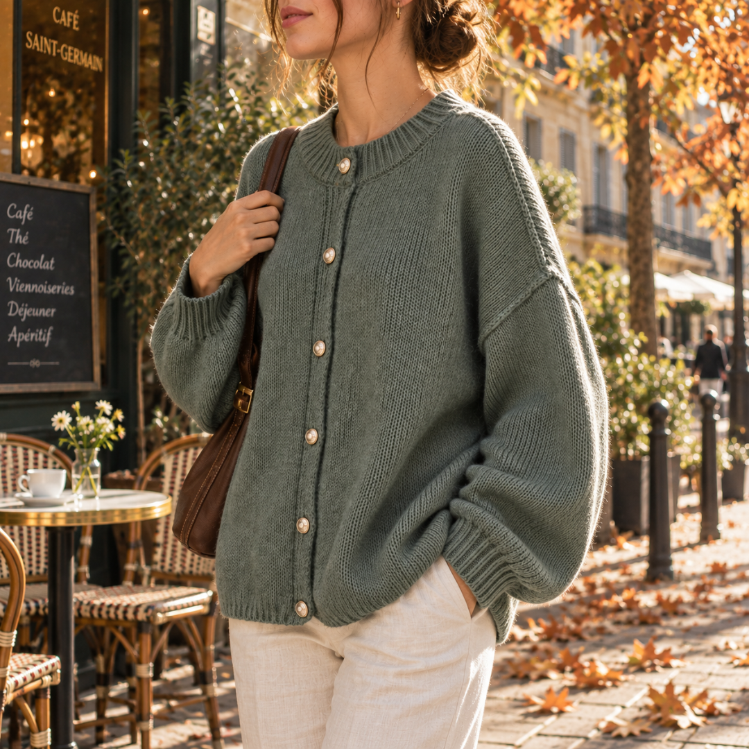 Cardigan femme vert à épaules tombantes et rangée de boutons dorés devant