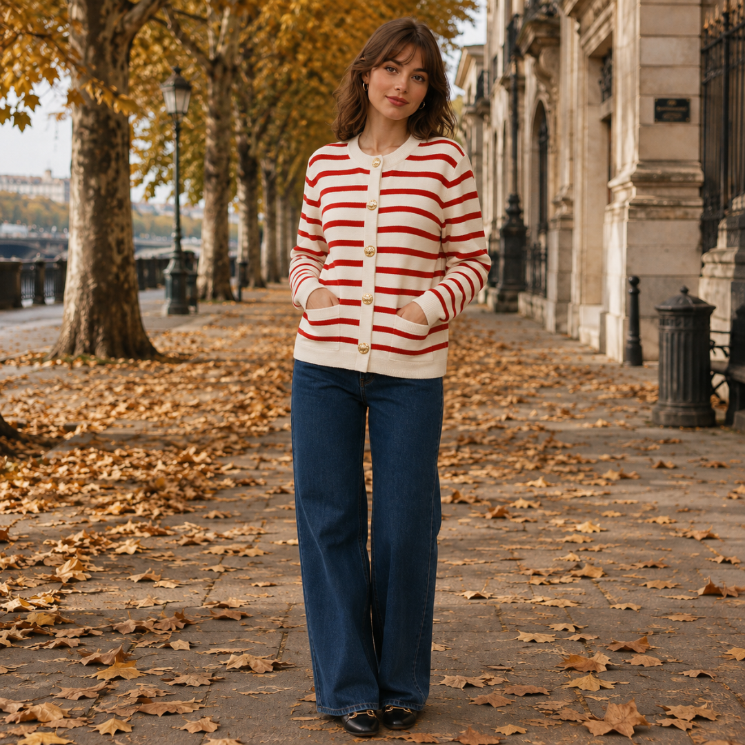 Cardigan femme rayé rouge à boutons dorés, porté avec un pantalon large bleu