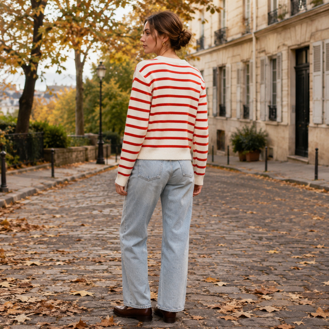 Dos du cardigan rayé rouge, rayures régulières et base côtelée bien droite