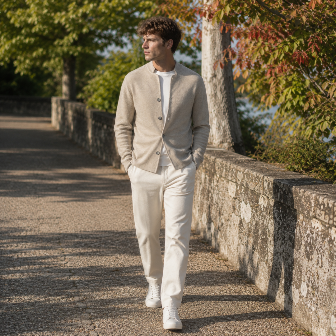 Cardigan homme kaki boutonné de face, associé à un pantalon clair et des sneakers blanches