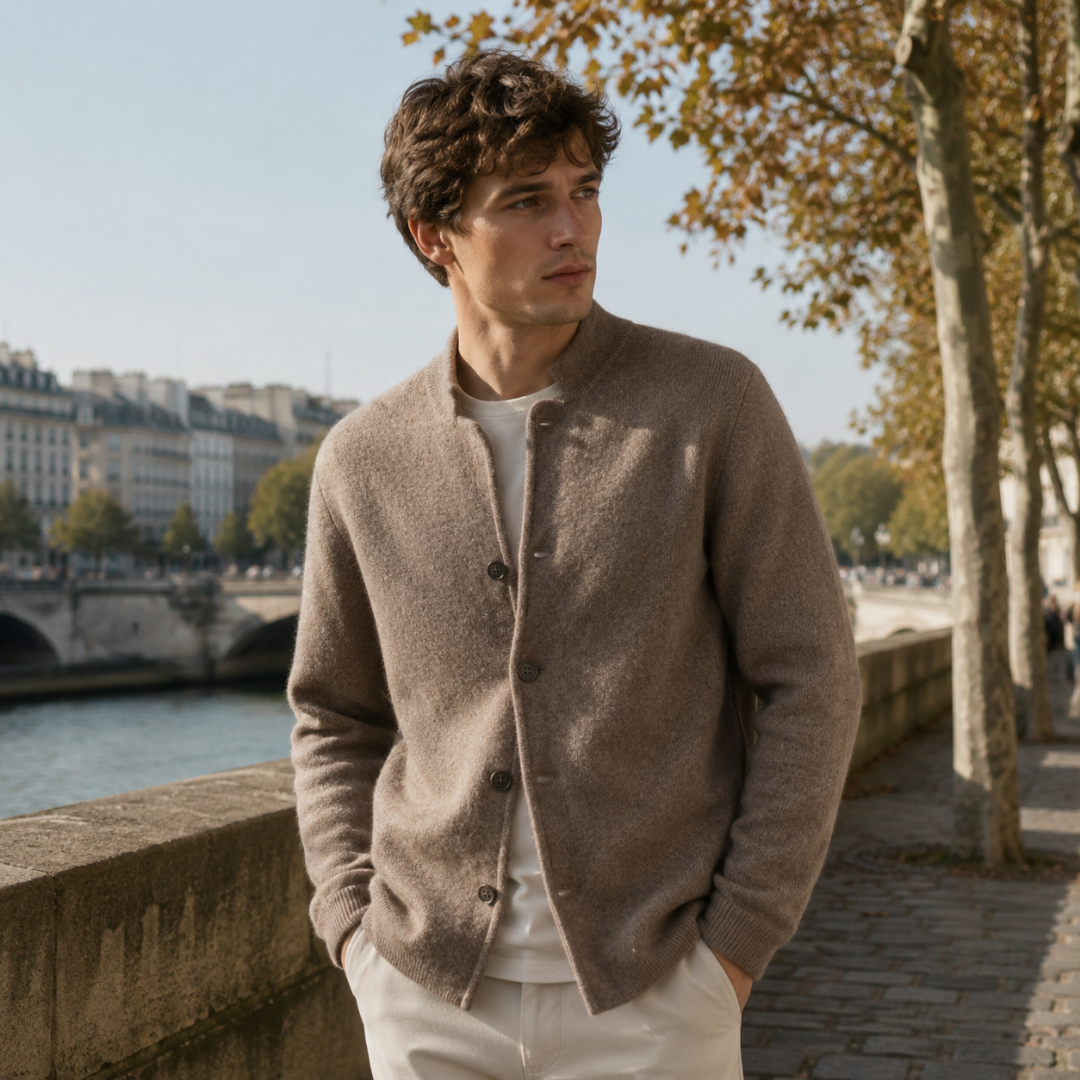 Cardigan homme marron en maille avec col montant, boutons devant et poignets côtelés