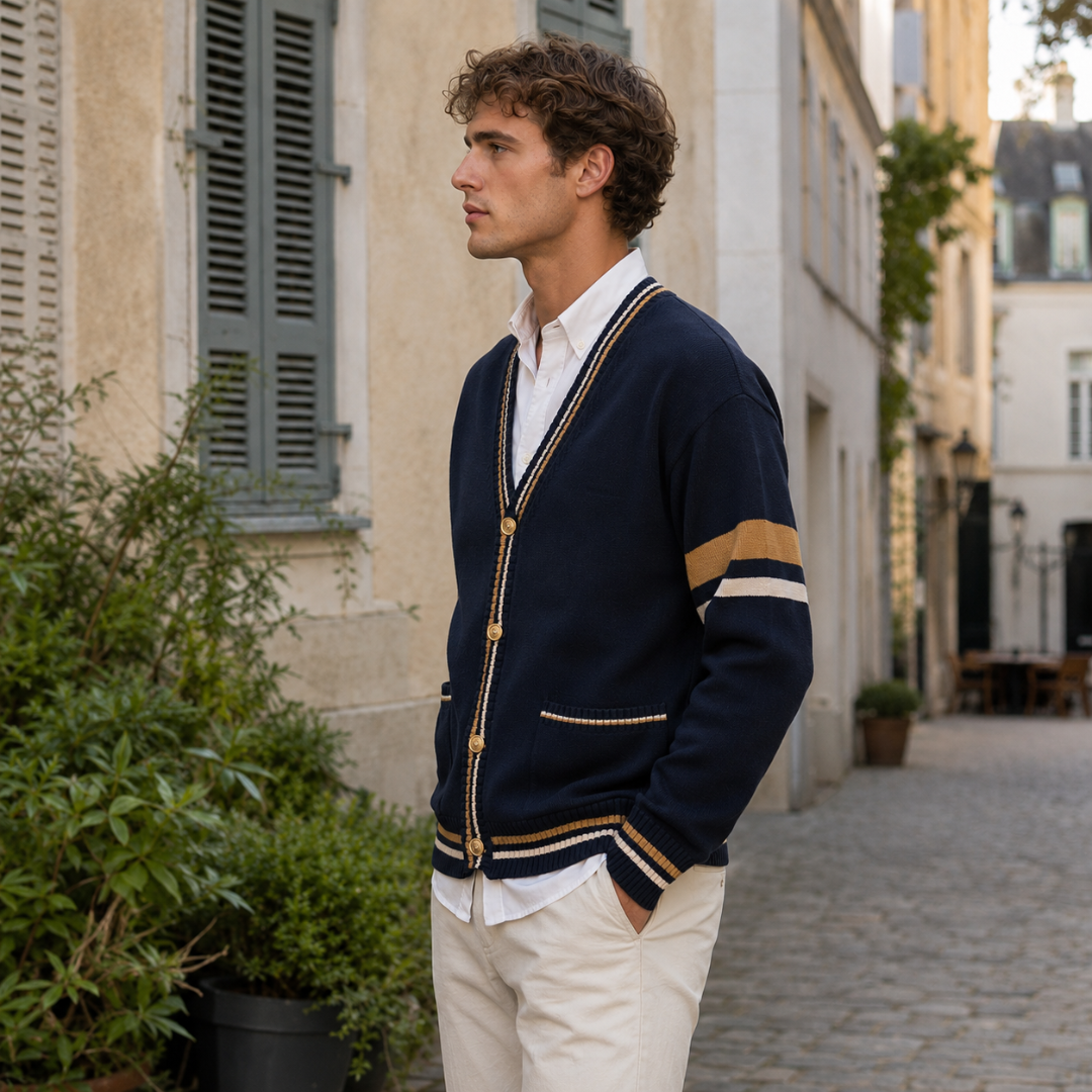 Vue de profil du cardigan bleu marine avec bande contrastée sur la manche