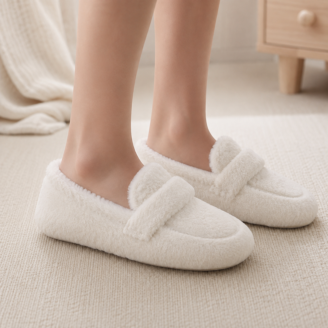Chaussons blancs duveteux portés aux pieds sur un tapis clair, bride en relief