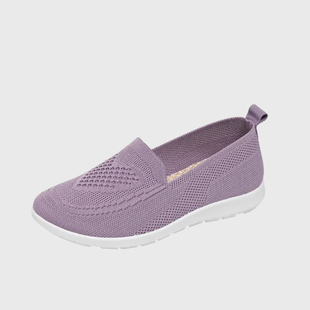 Chaussure slip-on lilas claire en tricot léger, vue de côté