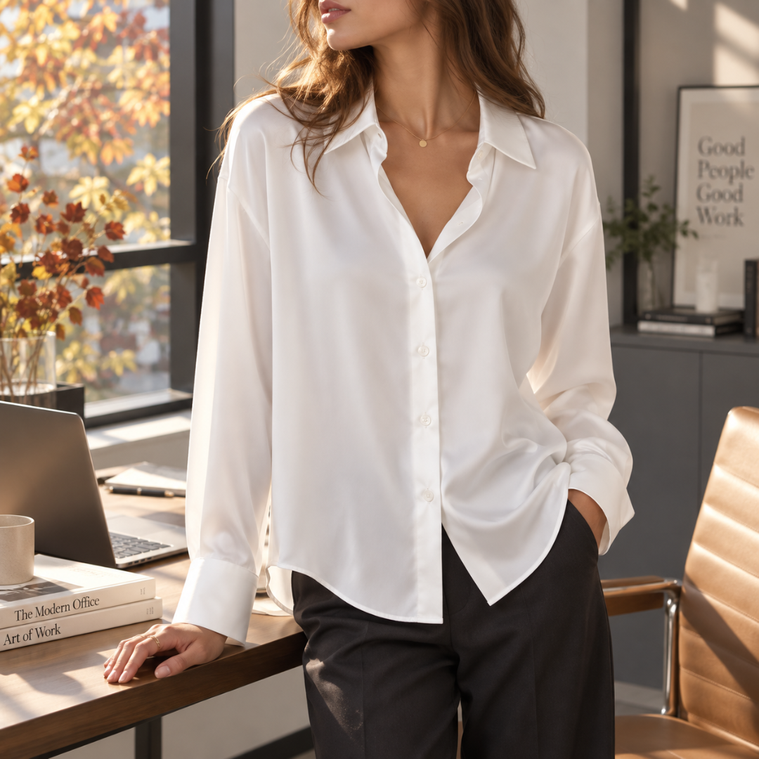 Chemise femme blanche à patte de boutonnage et col pointu, poignets larges