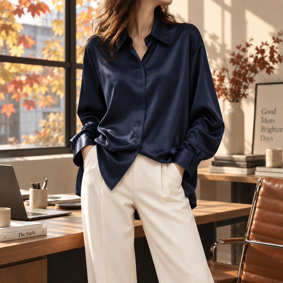 Chemise femme bleu marine à effet satiné, col pointu ouvert et manches longues