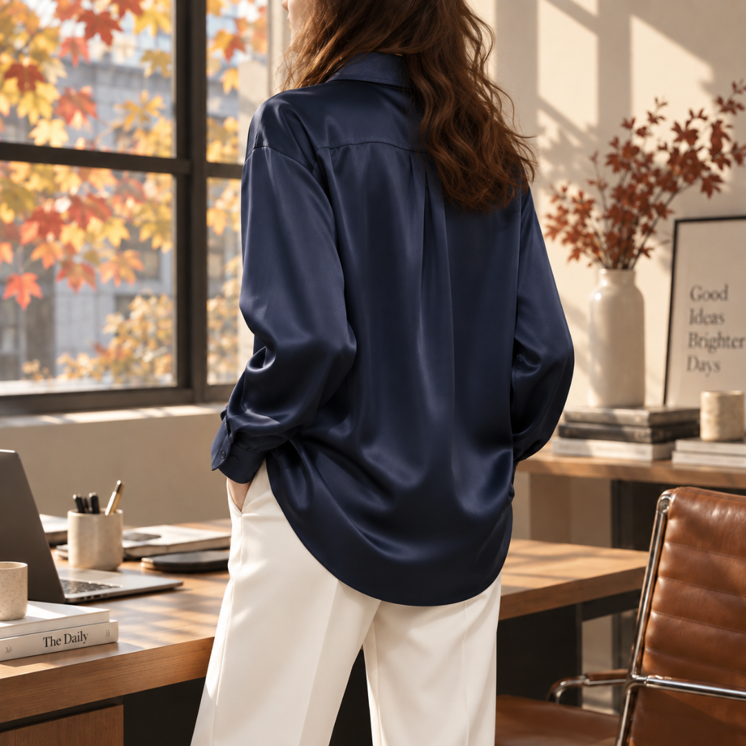 Dos de la chemise femme bleu marine avec bas arrondi et pli central