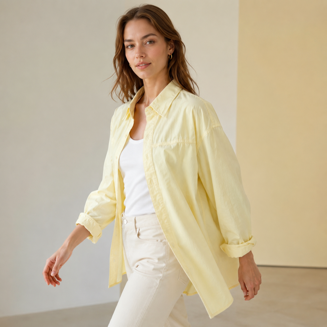 Chemise femme jaune manches retroussées avec empiècement et col chemise structuré
