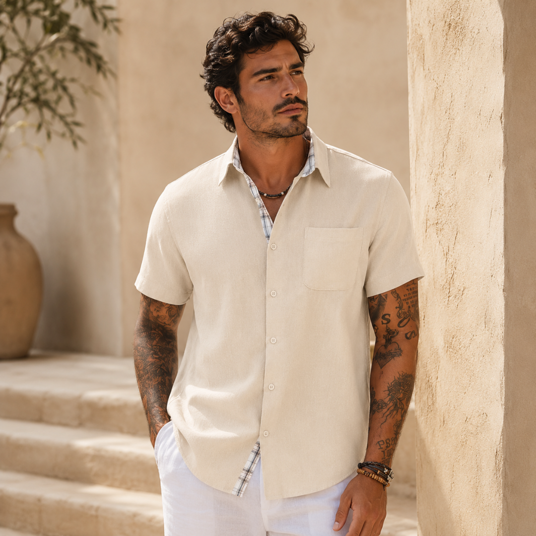Chemise homme lin beige, style casual été, poche poitrine
