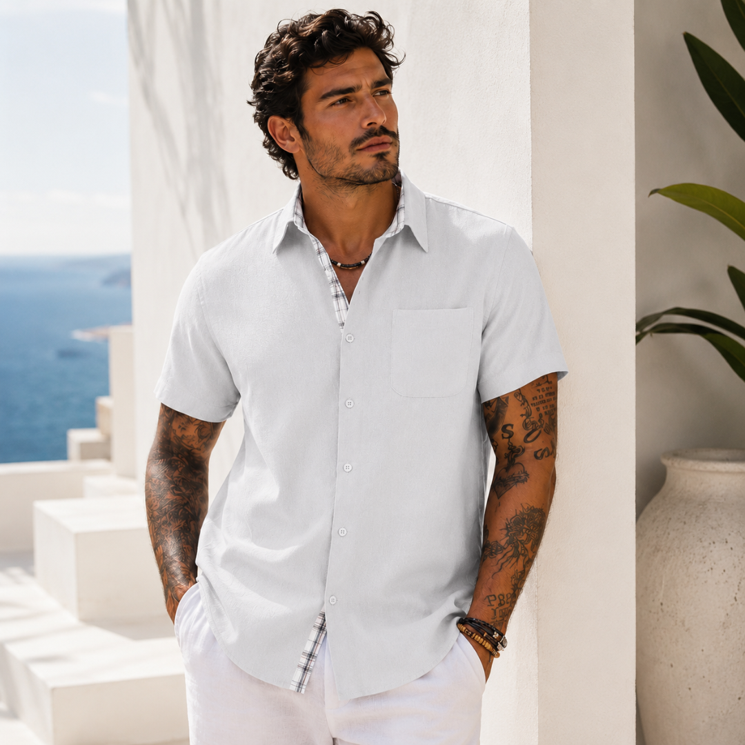 Chemise homme lin blanc, col classique, manches courtes, vue de face