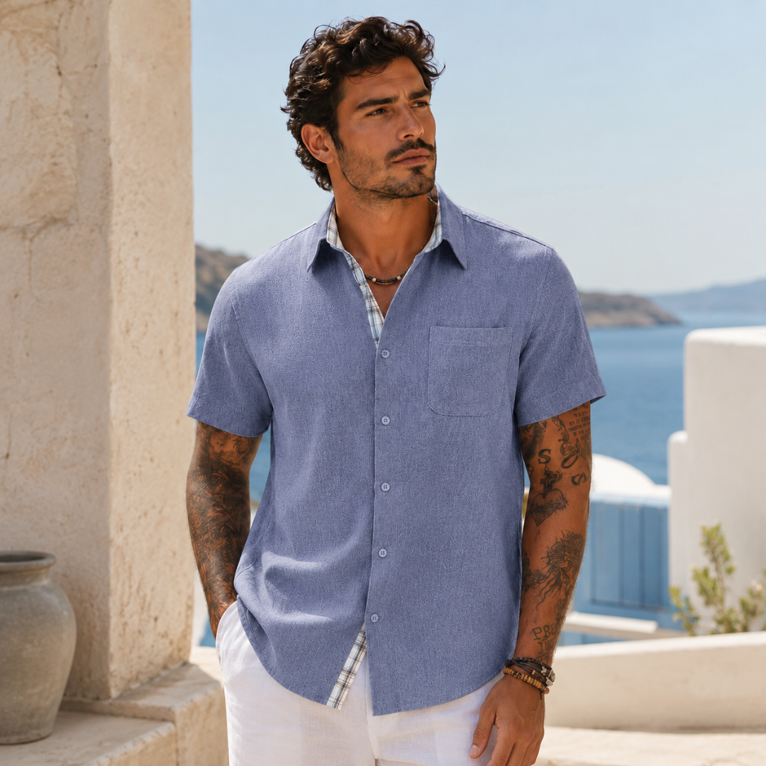 Chemise homme lin bleu, manches courtes, col boutonné, vue de face
