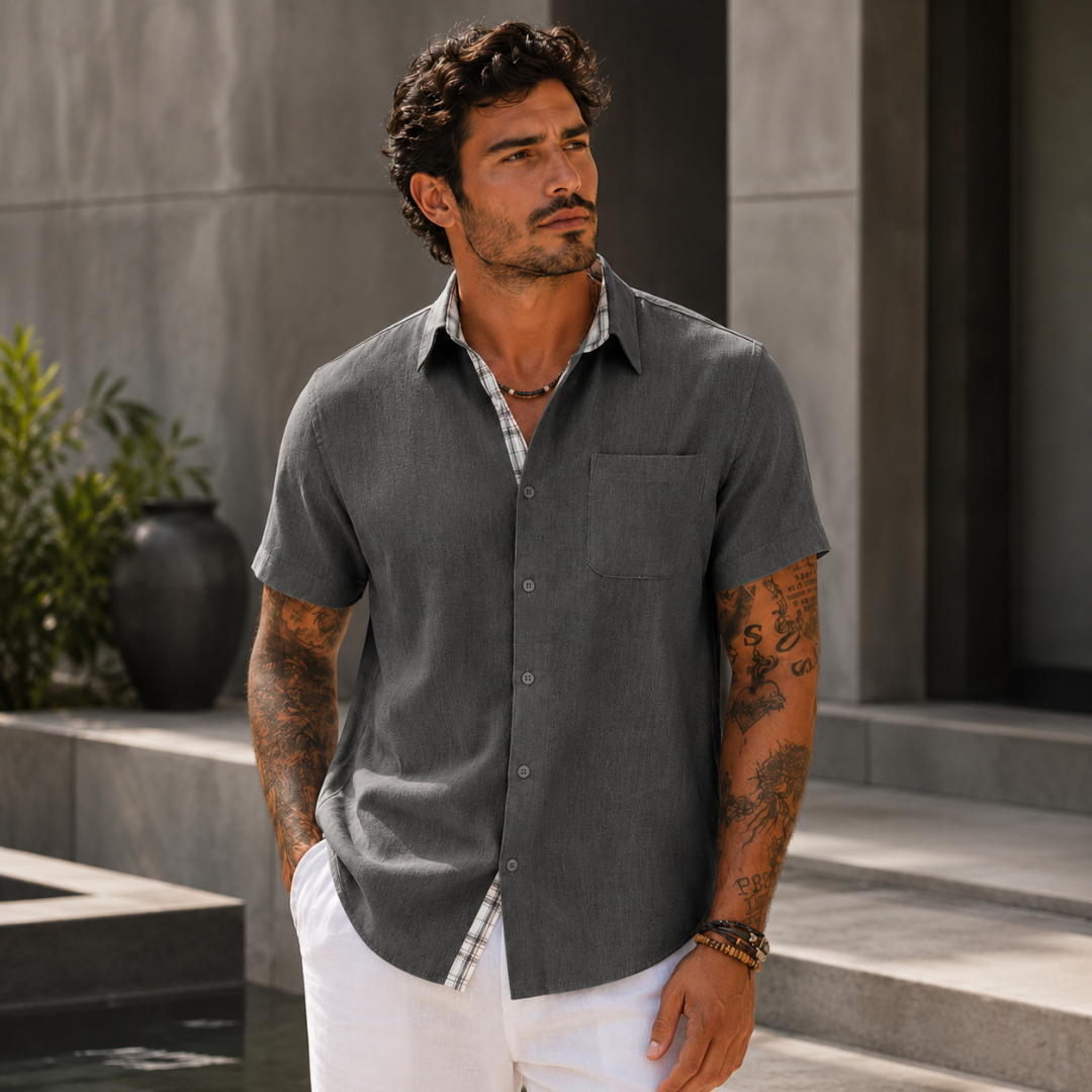 Chemise homme lin gris foncé, vue de face, manches courtes