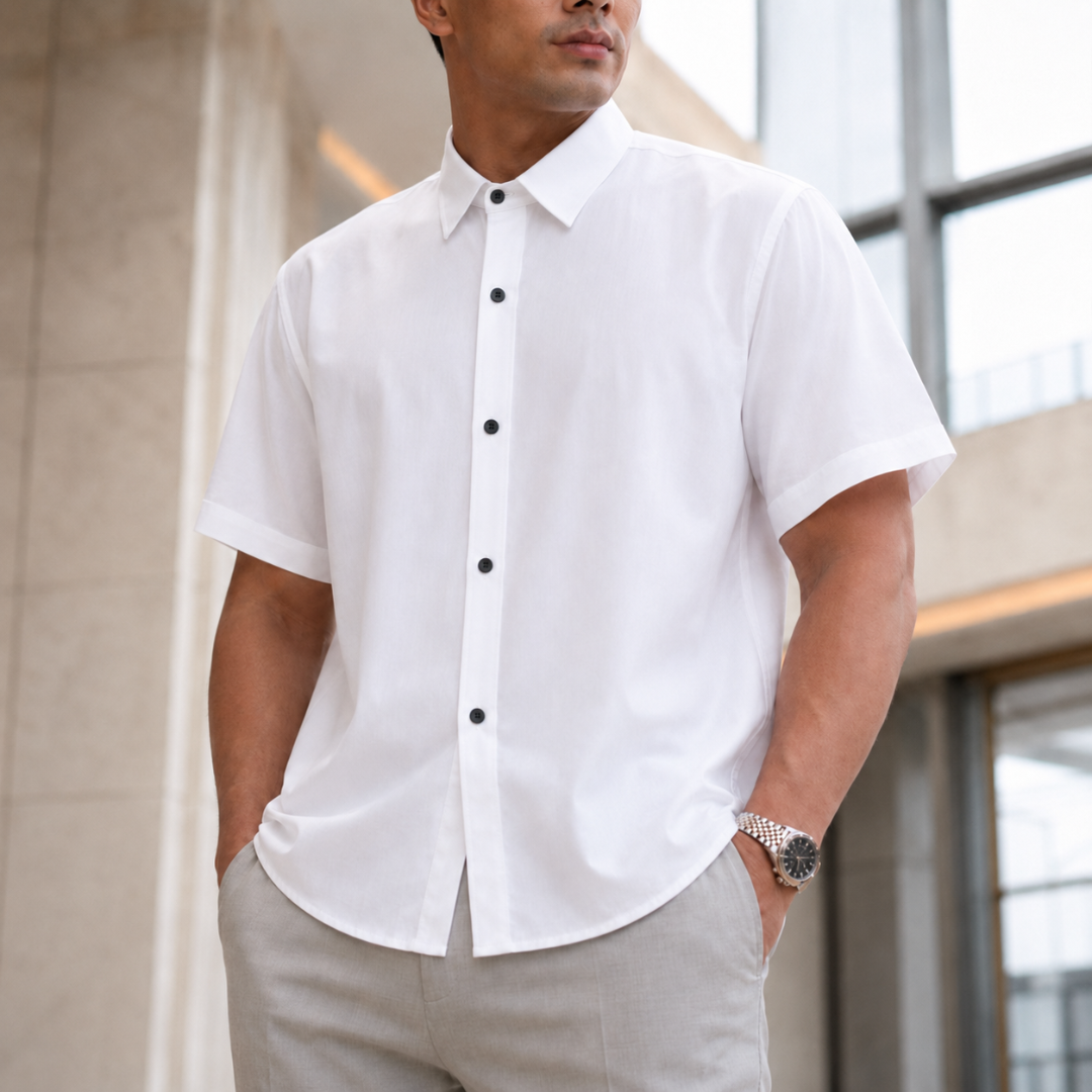 Chemise homme blanche manches courtes à boutons noirs contrastants portée de face