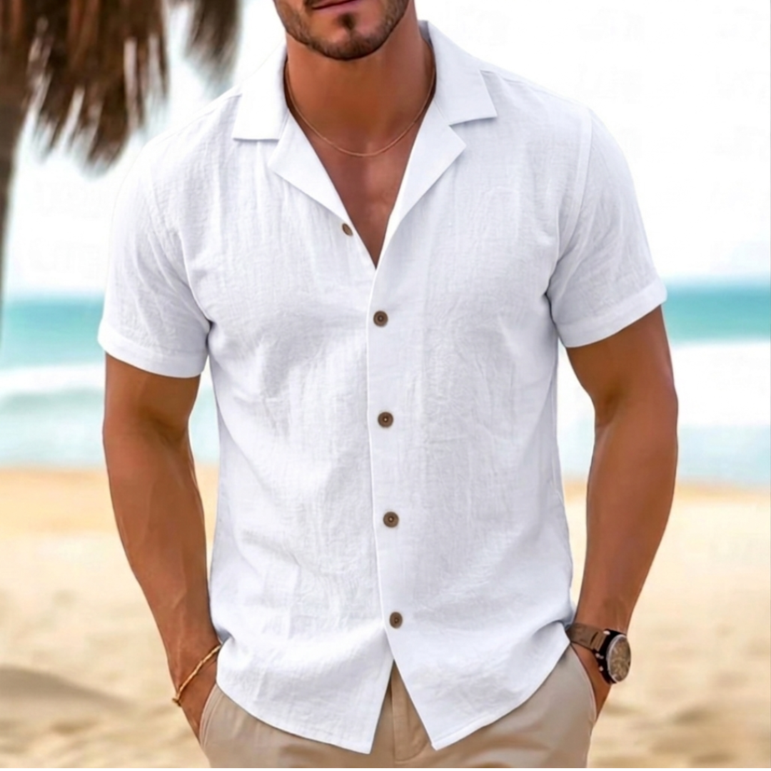 Chemise homme blanc manches courtes col camp, vue de face