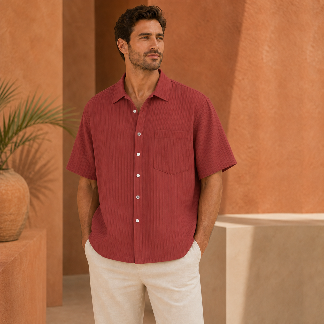 Chemise homme manches courtes texturée rouge, vue de face
