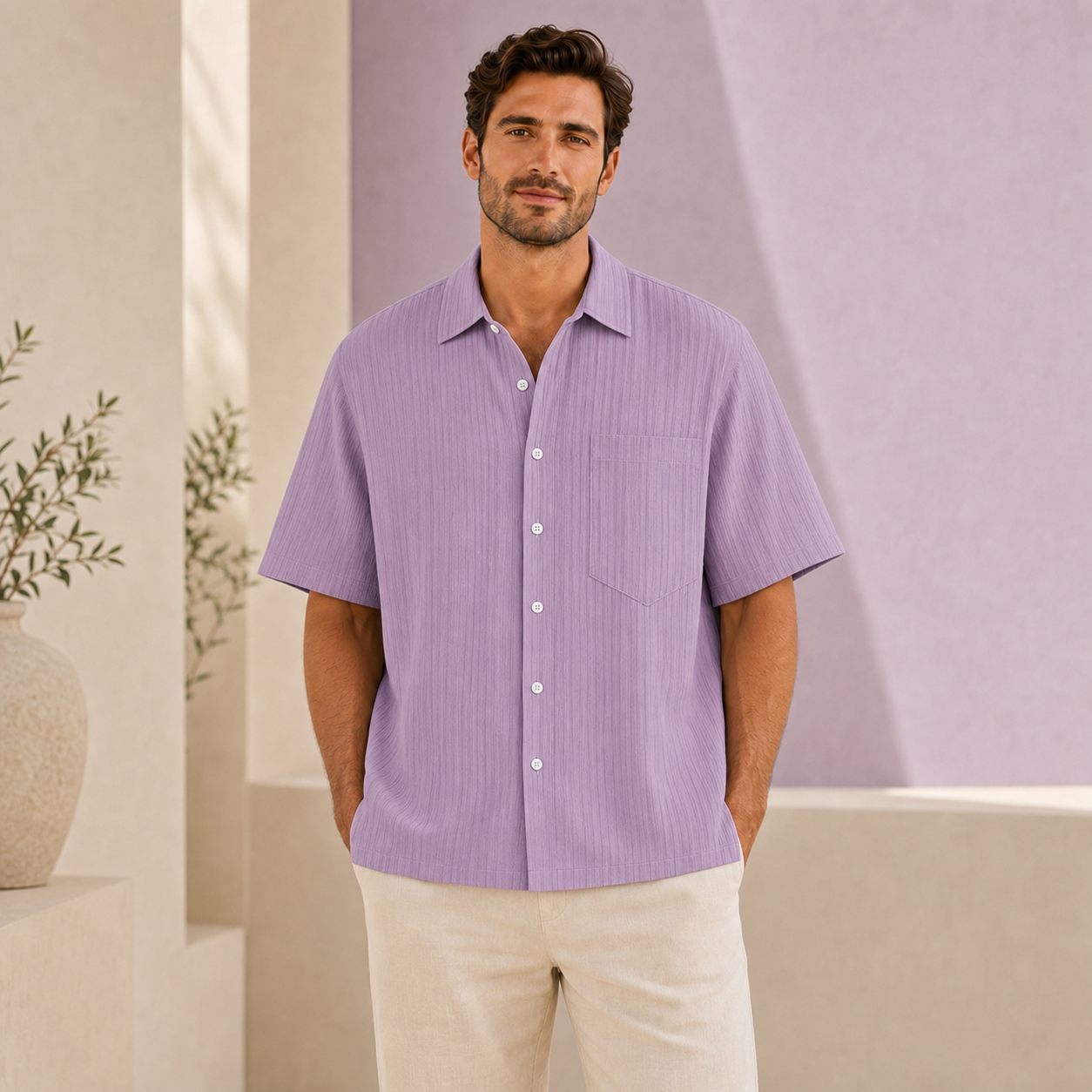 Chemise homme manches courtes texturée violet portée de face, ambiance lumineuse