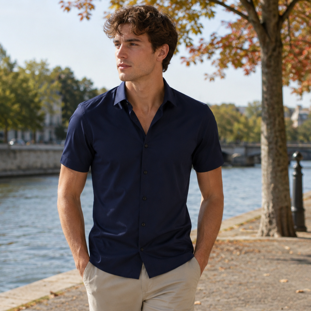 Chemise homme bleu marine à manches courtes portée avec un pantalon beige