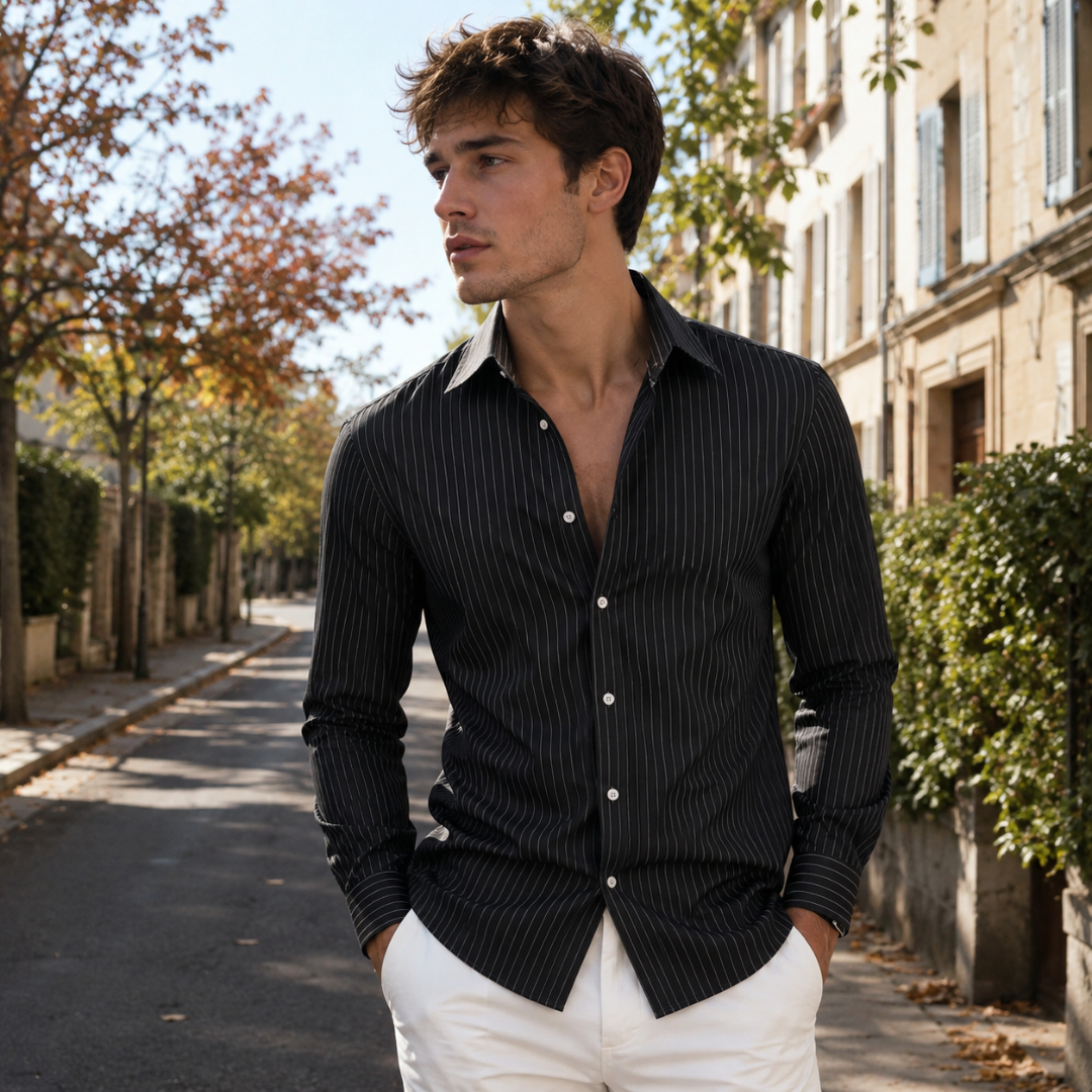 Chemise homme noire à fines rayures blanches, col classique et boutonnage devant