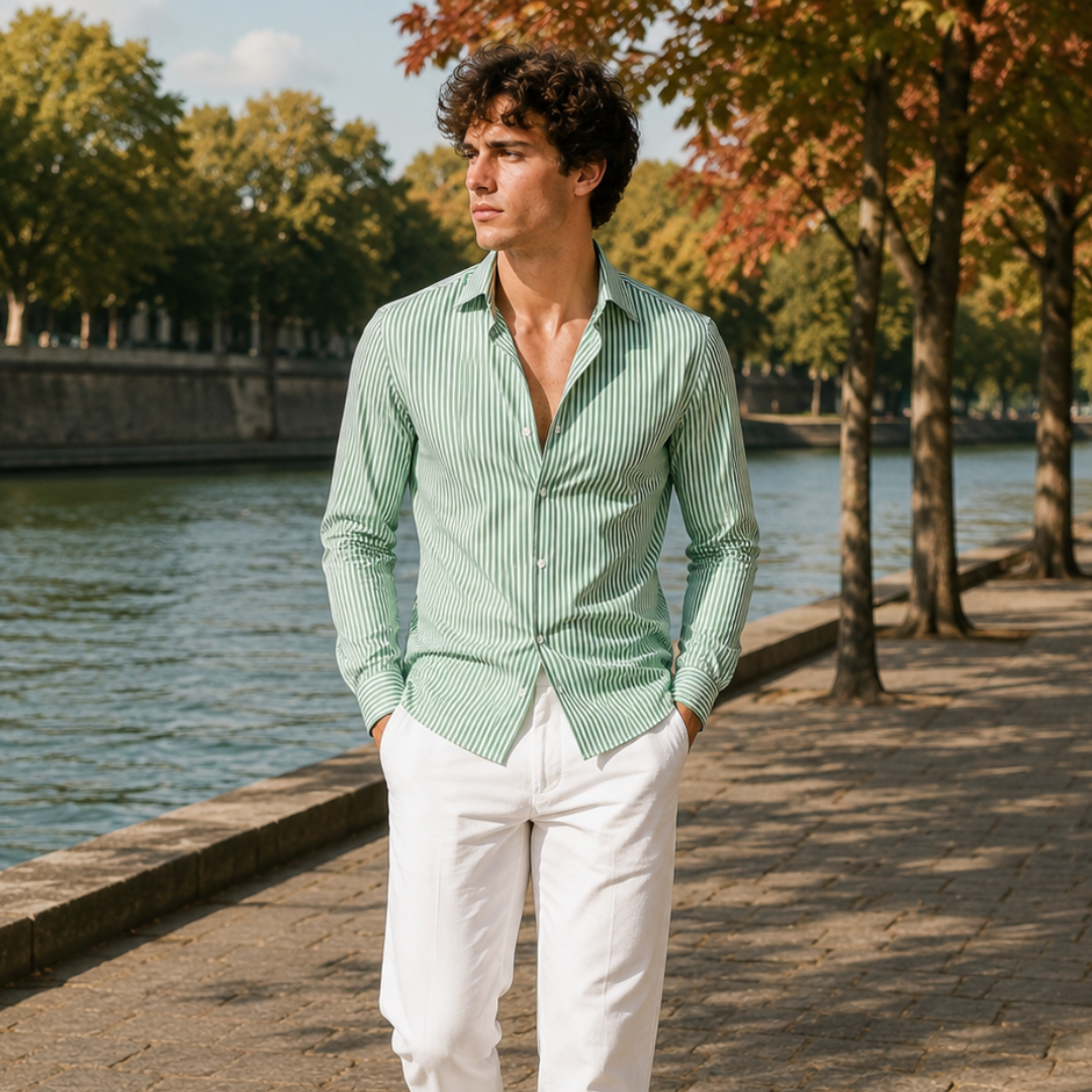 Chemise homme rayée verte au boutonnage devant, portée avec un pantalon blanc