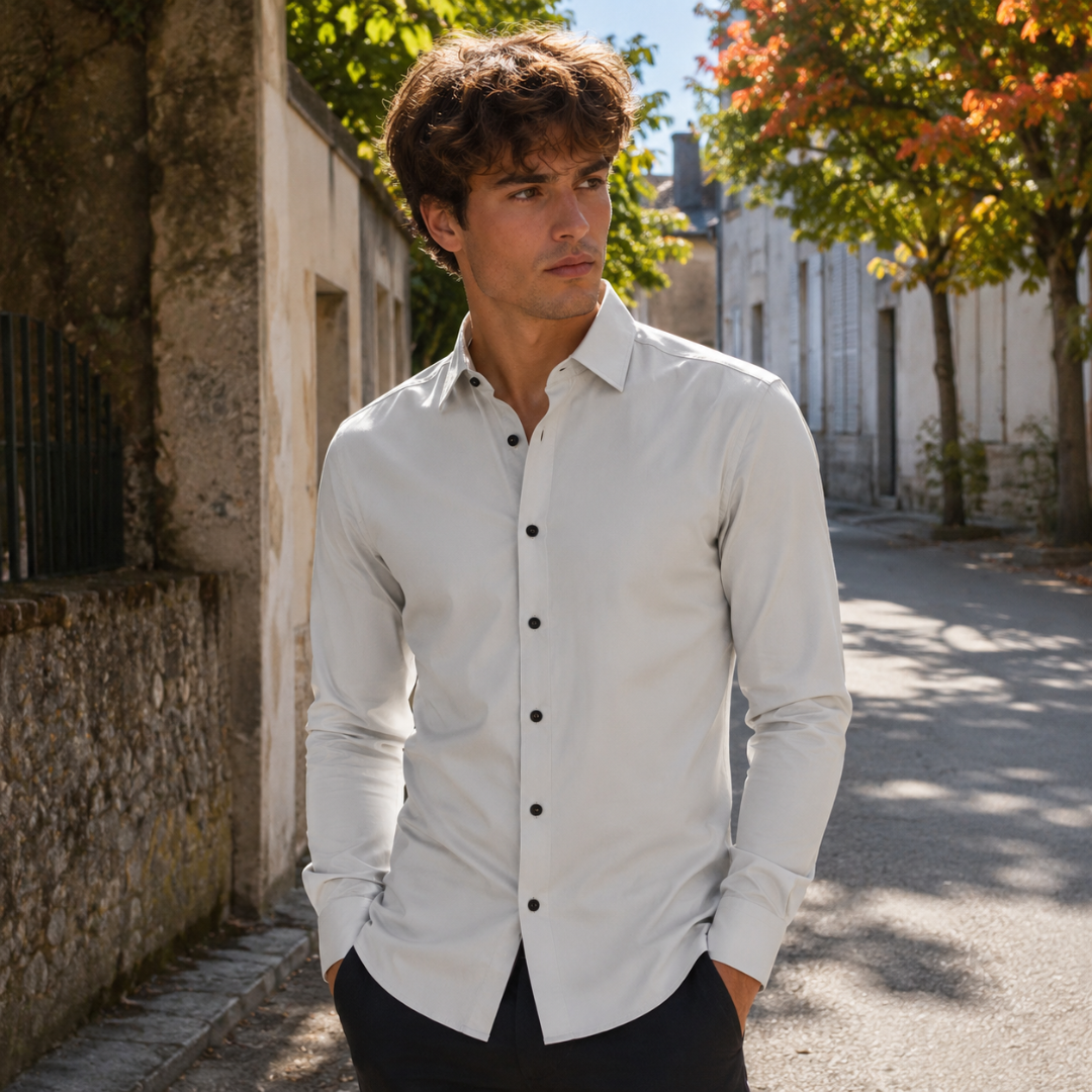 Chemise homme beige clair au bas arrondi, col ouvert et boutons contrastants