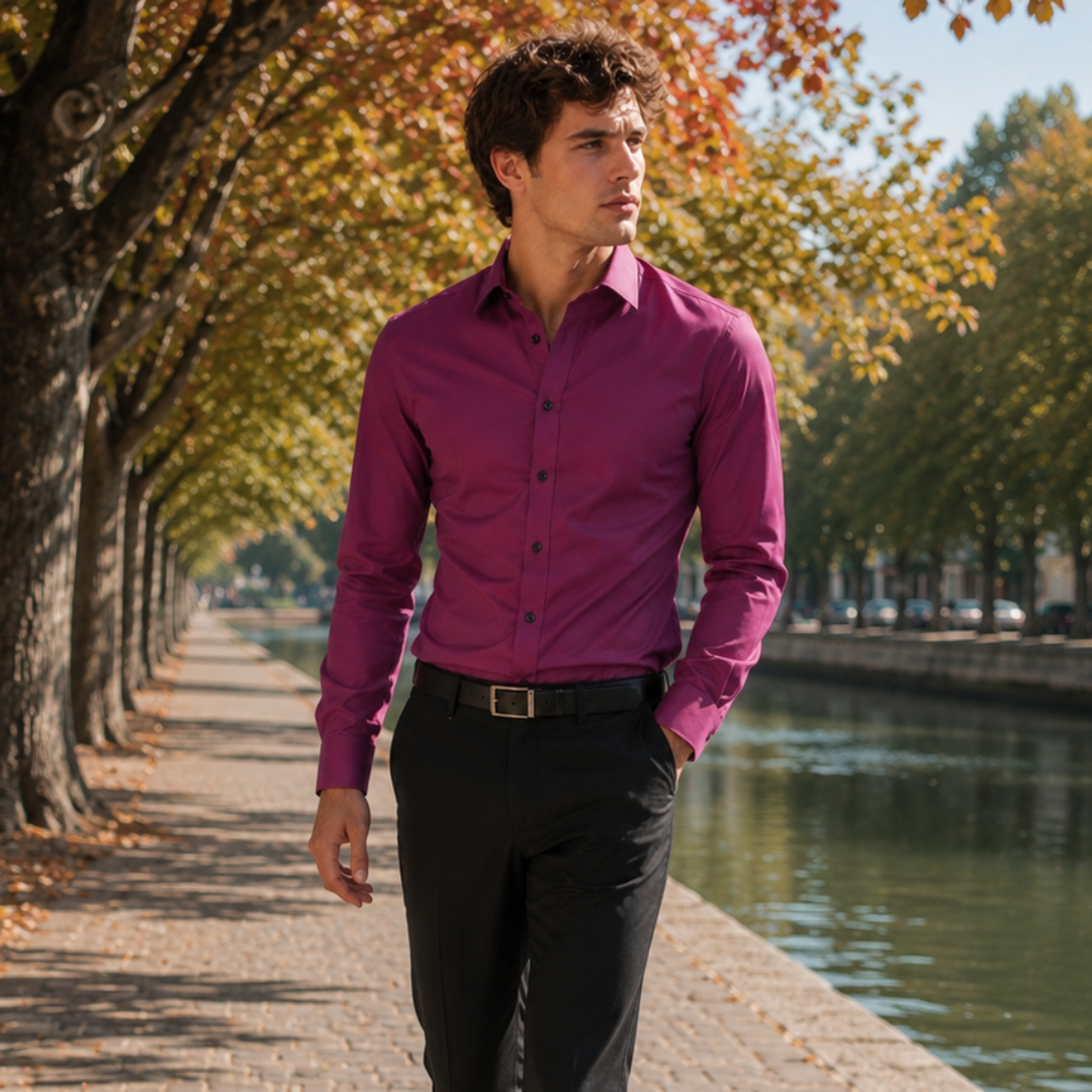 Chemise homme unie magenta à col pointu et boutons foncés, portée avec un pantalon noir