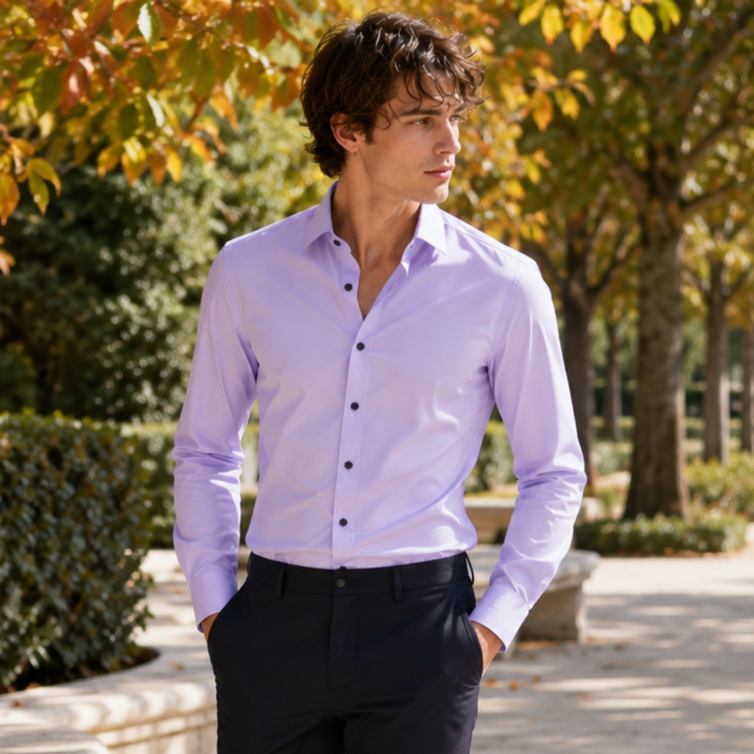 Chemise homme violet clair unie, col pointu et boutons foncés bien visibles