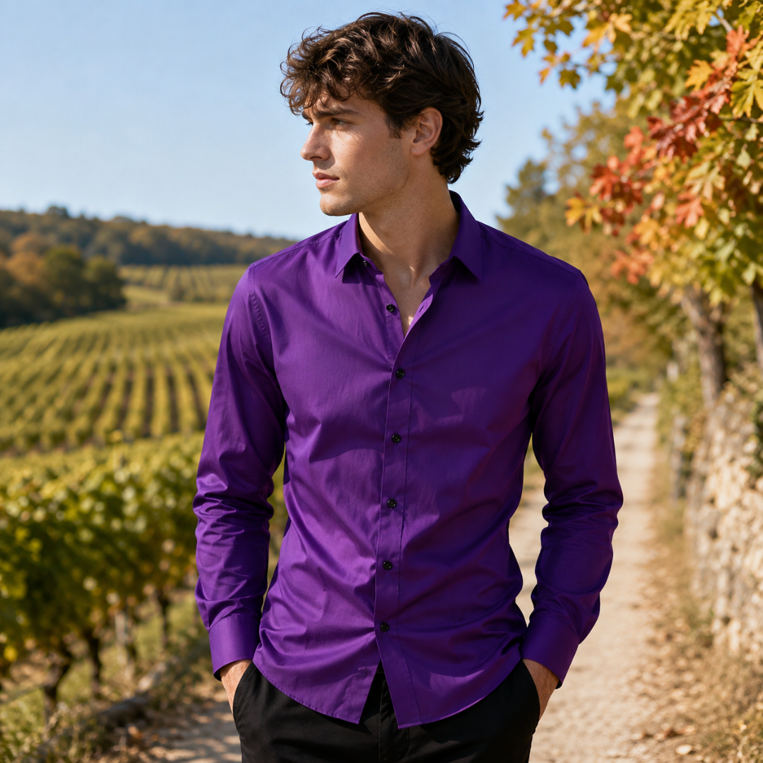 Chemise homme violette à col pointu et boutons noirs, portée sur pantalon noir