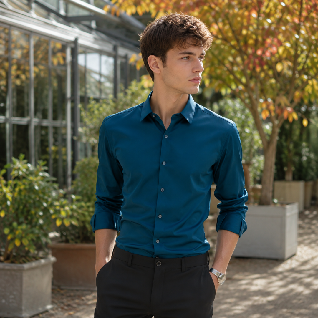 Chemise homme bleu océan à col classique et manches retroussées, portée avec un pantalon noir