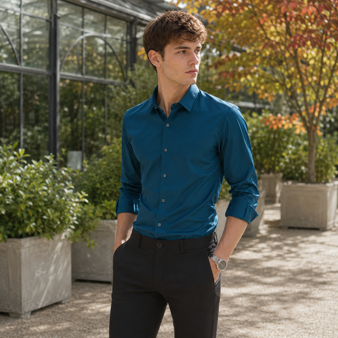 Homme en chemise bleu océan boutonnée, manches longues retroussées, dans un jardin ensoleillé