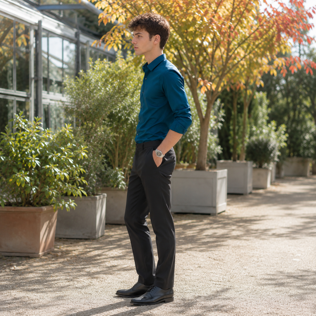 Chemise homme bleu océan vue de profil, rentrée dans un pantalon noir droit