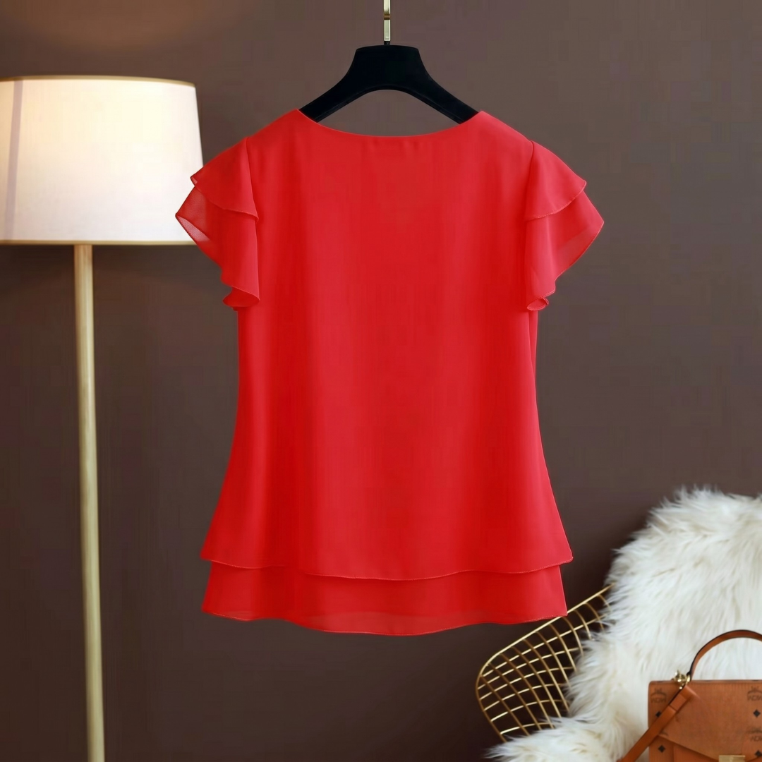 Blouse rouge femme col rond avec volants sur les manches, sur cintre