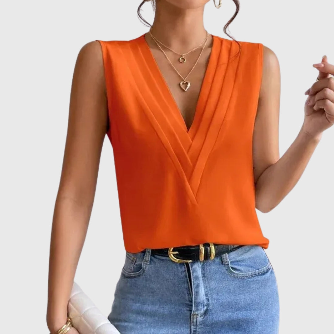 Chemisier femme col V cache-cœur sans manches couleur orange, vue de face