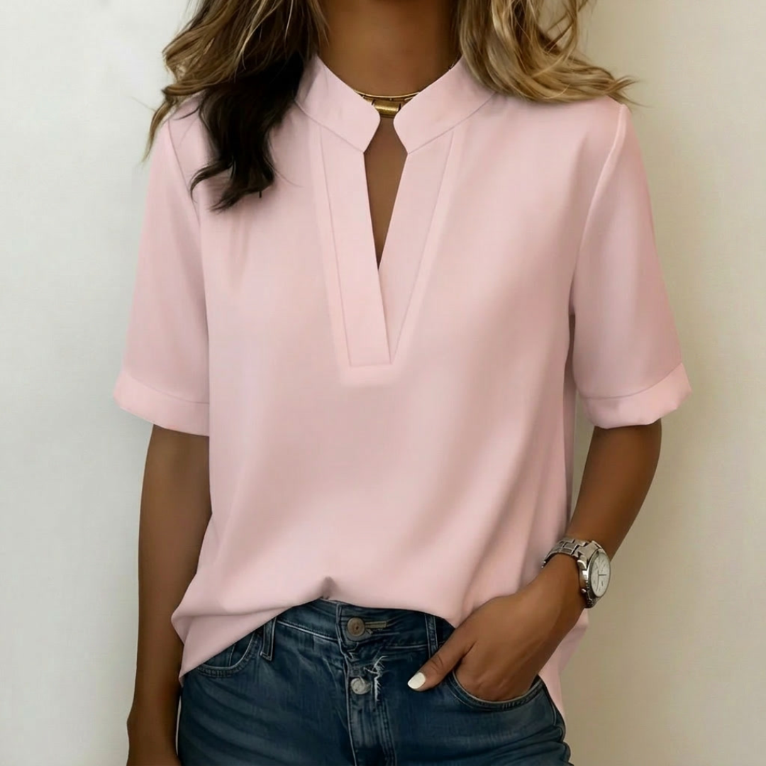 Chemisier femme col V manches courtes couleur rose pâle