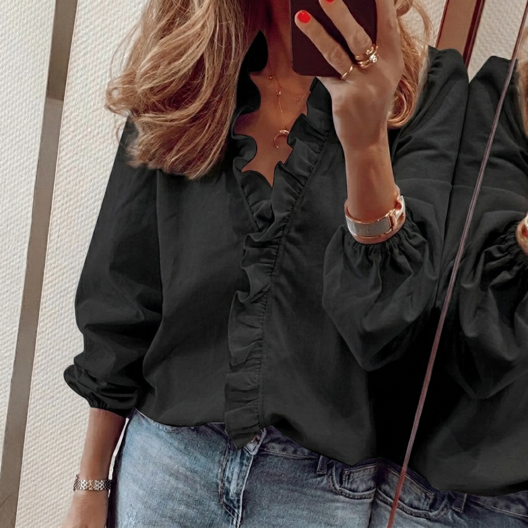 Chemisier femme noir col V à volants manches longues bouffantes